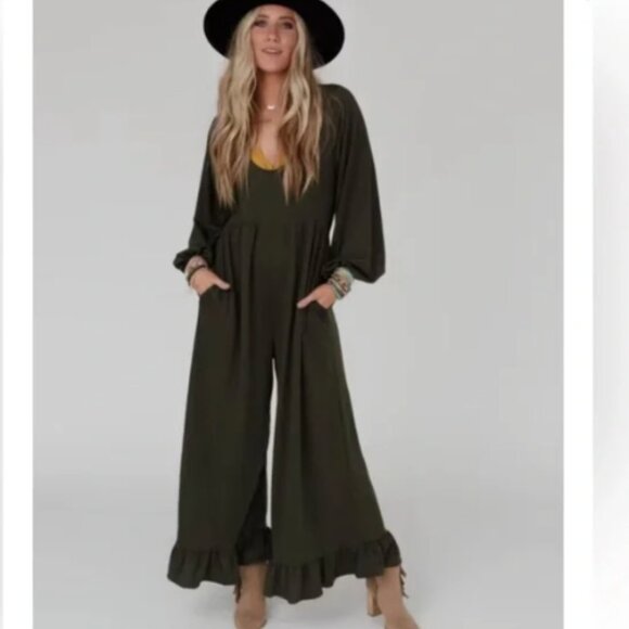 Three Bird Nest Intentions Open-Back Jumpsuit Stretchy Wide Leg Ruffle Size XL - Picture 13 of 13